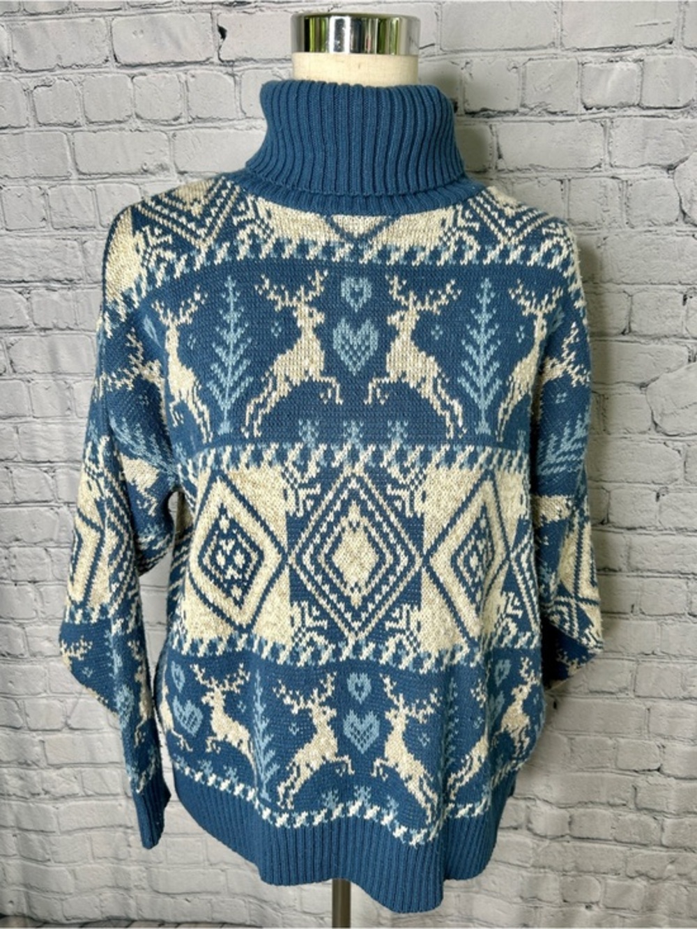 United States Sweaters Blue Fair Isle Reindeer Turtleneck Nordic Pullover Women